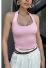 Kadın Pembe Halter Yaka Crop 0171