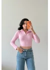 Kadın Pembe Crop Kazak 1014-2022