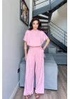 Kadın Pembe Crop Pantolon Takım 1017-0176