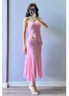 Kadın Pembe Dantel Crop Etek Takım 1026-221725