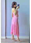 Kadın Pembe Dantel Crop Etek Takım 1026-221725
