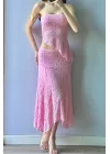 Kadın Pembe Dantel Crop Etek Takım 1026-221725