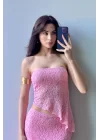Kadın Pembe Dantel Crop Etek Takım 1026-221725