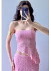 Kadın Pembe Dantel Crop Etek Takım 1026-221725