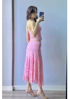 Kadın Pembe Dantel Crop Etek Takım 1026-221725