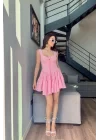 Kadın Pembe Düğme Deyalı Şort Tulum 1006-0495