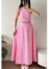 Kadın Pembe Kolsuz Crop Etek Takım 1041-3251