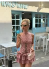 Kadın Pembe Leopar Özel Tasarım Volanlı Mini Elbise 5443