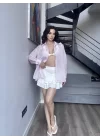 Kadın Pembe Transparan Çizgili Gömlek 1006-6876
