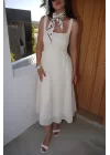Kadın Sarı Astarlı Brode Uzun Elbise 0999-25134