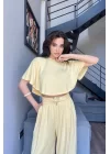 Kadın Sarı Crop Pantolon Takım 1017-0176