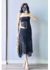 Kadın Siyah Dantel Crop Etek Takım 1026-221725