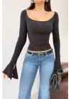 Kadın Siyah Sırt Bağlamalı İspanyol Kol Bluz 1041-2772