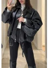 Kadın Siyah Trend Oversize Bomber Kemerli Deri Ceket 2788