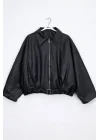 Kadın Siyah Trend Oversize Bomber Kemerli Deri Ceket 2788