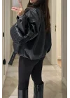 Kadın Siyah Trend Oversize Bomber Kemerli Deri Ceket 2788