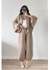 Kadın Vizon Saten Bomber Ceket Pantolon Takım 1046-9584