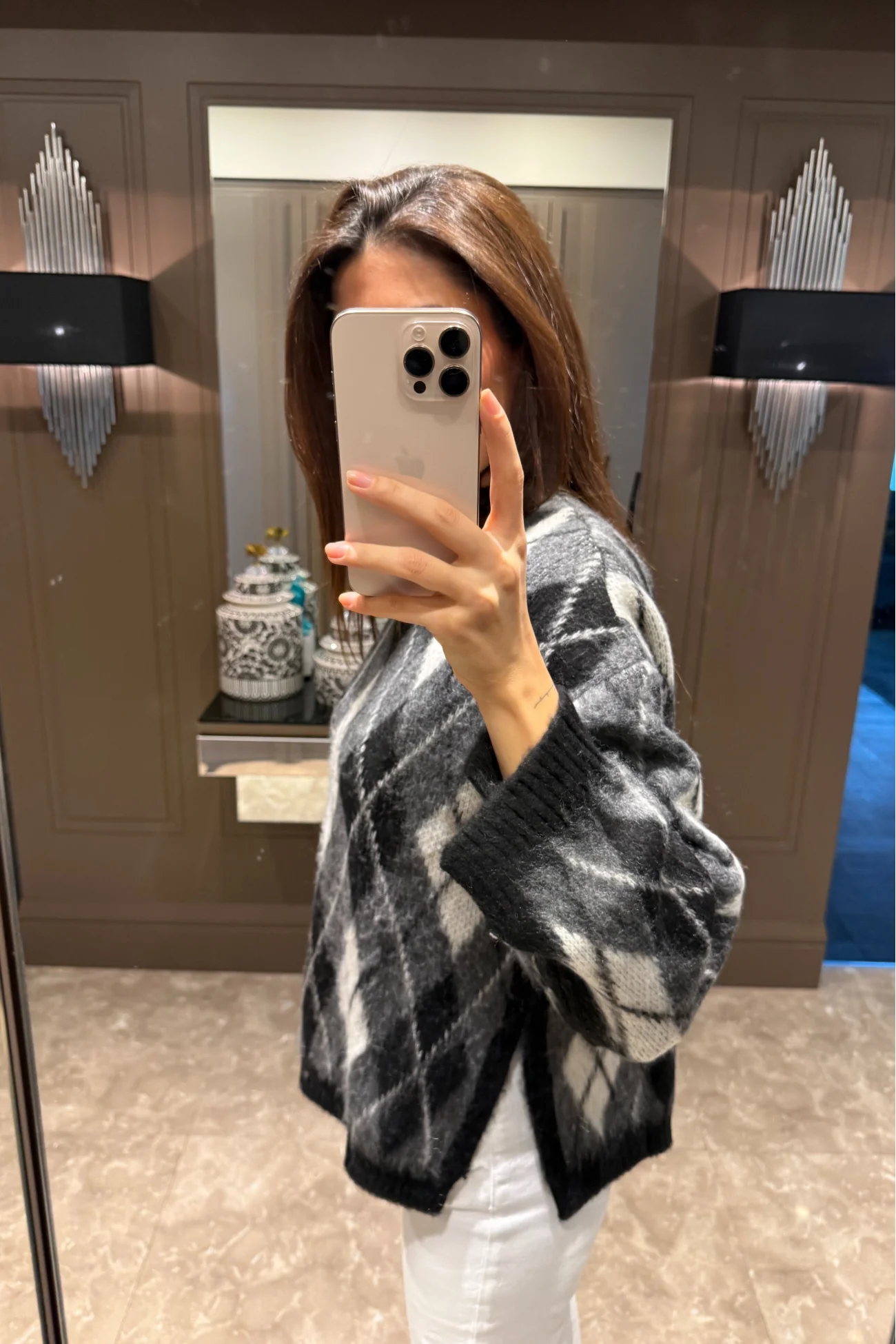 Kadın Gri Baklava Desen Yırtmaçlı Oversize Kazak 1014-2366