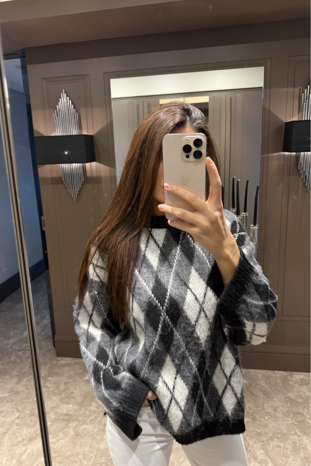 Kadın Gri Baklava Desen Yırtmaçlı Oversize Kazak 1014-2366