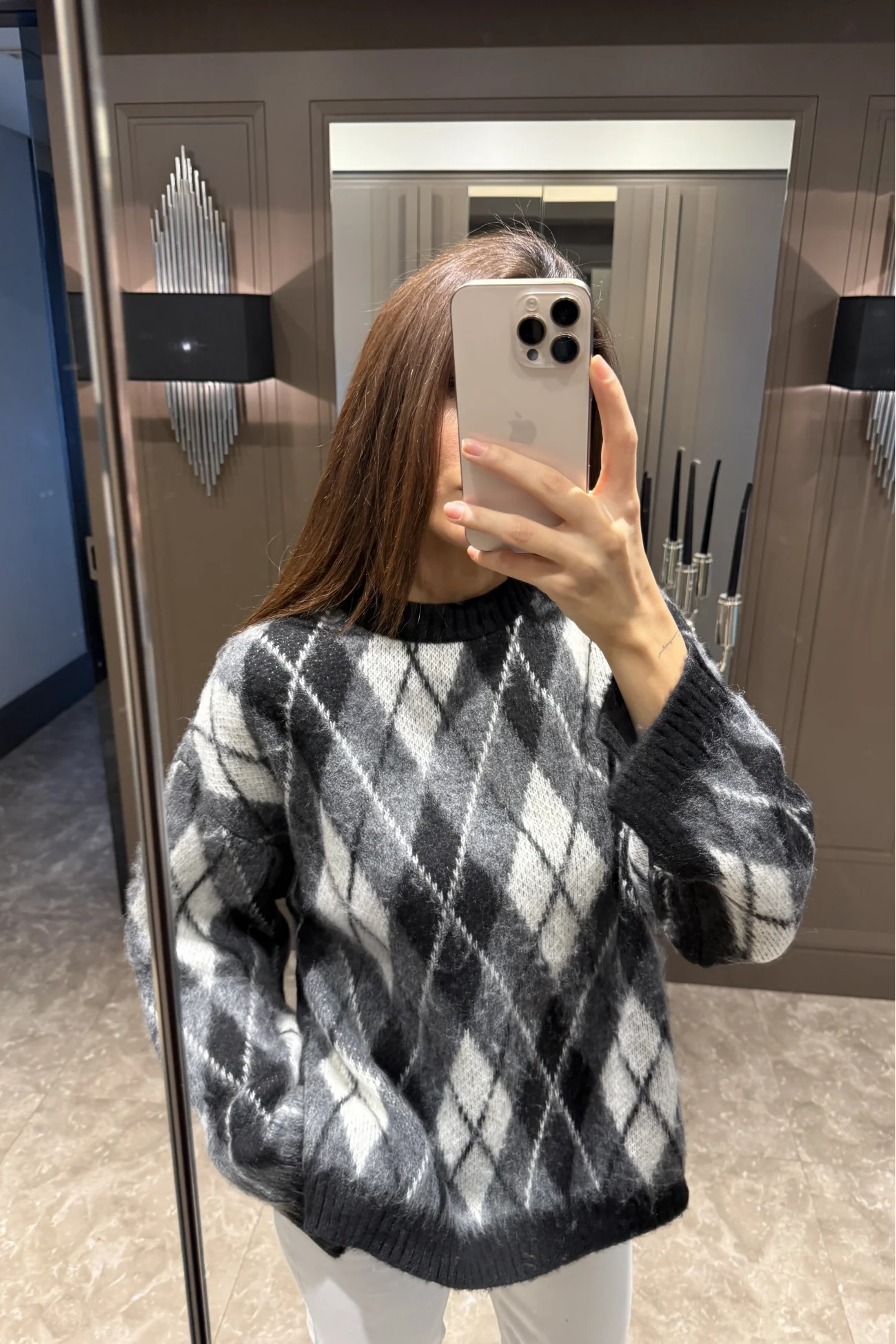 Kadın Gri Baklava Desen Yırtmaçlı Oversize Kazak 1014-2366