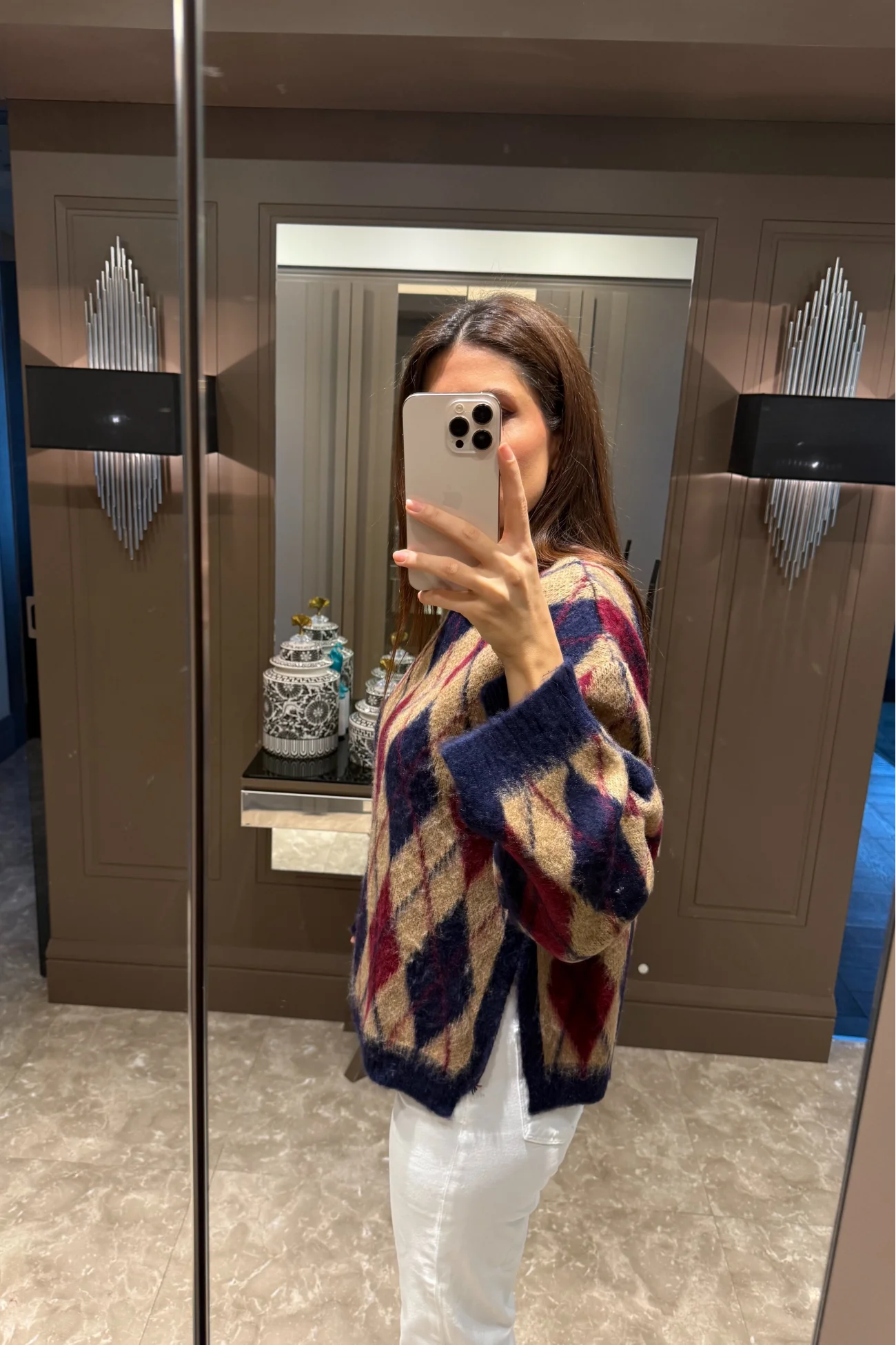 Kadın Bordo Baklava Desen Yırtmaçlı Oversize Kazak 1014-2366