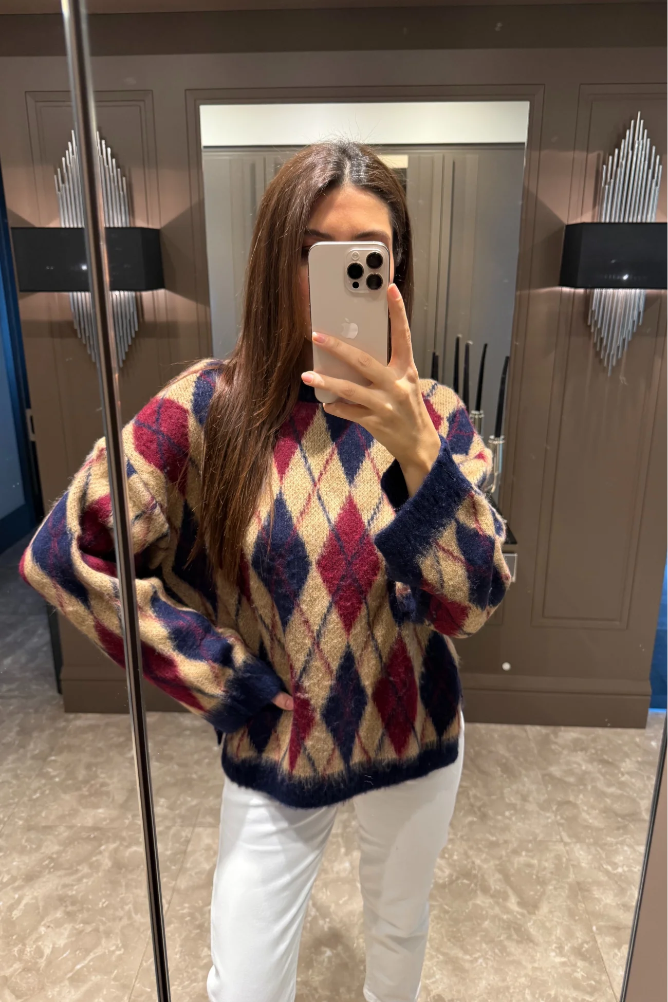 Kadın Bordo Baklava Desen Yırtmaçlı Oversize Kazak 1014-2366