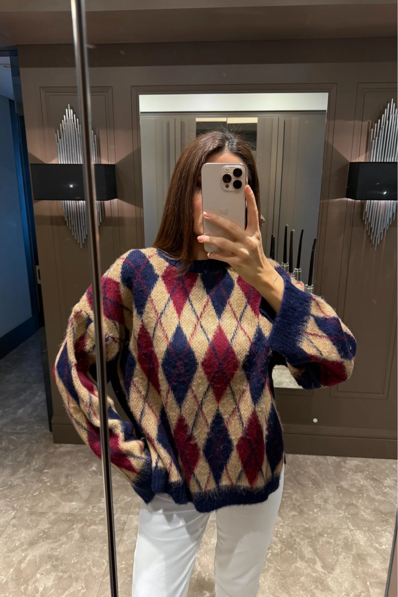 Kadın Bordo Baklava Desen Yırtmaçlı Oversize Kazak 1014-2366