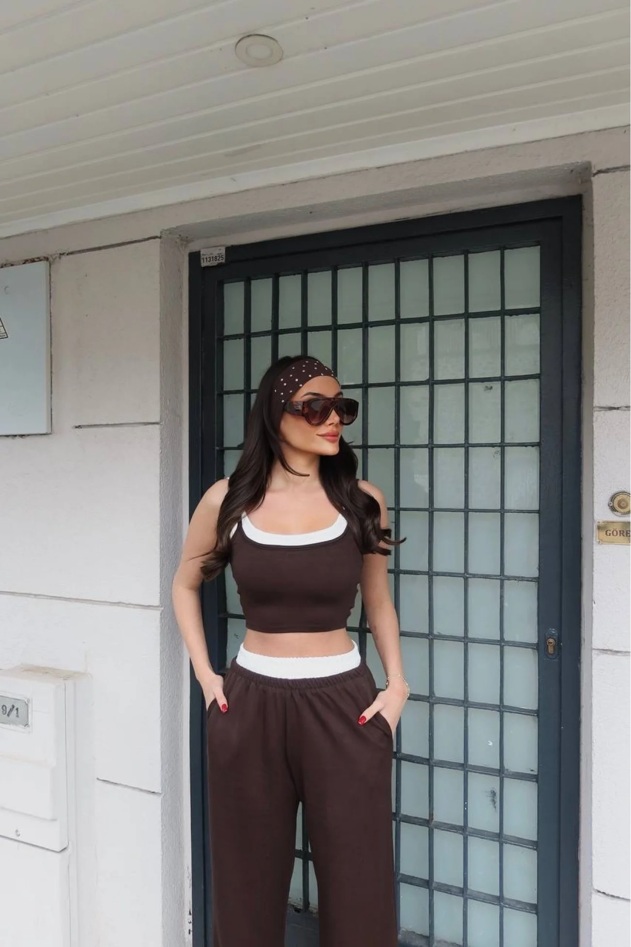 Kadın Kahve Askılı Crop Bel Lastik Pantolon Takım 2530