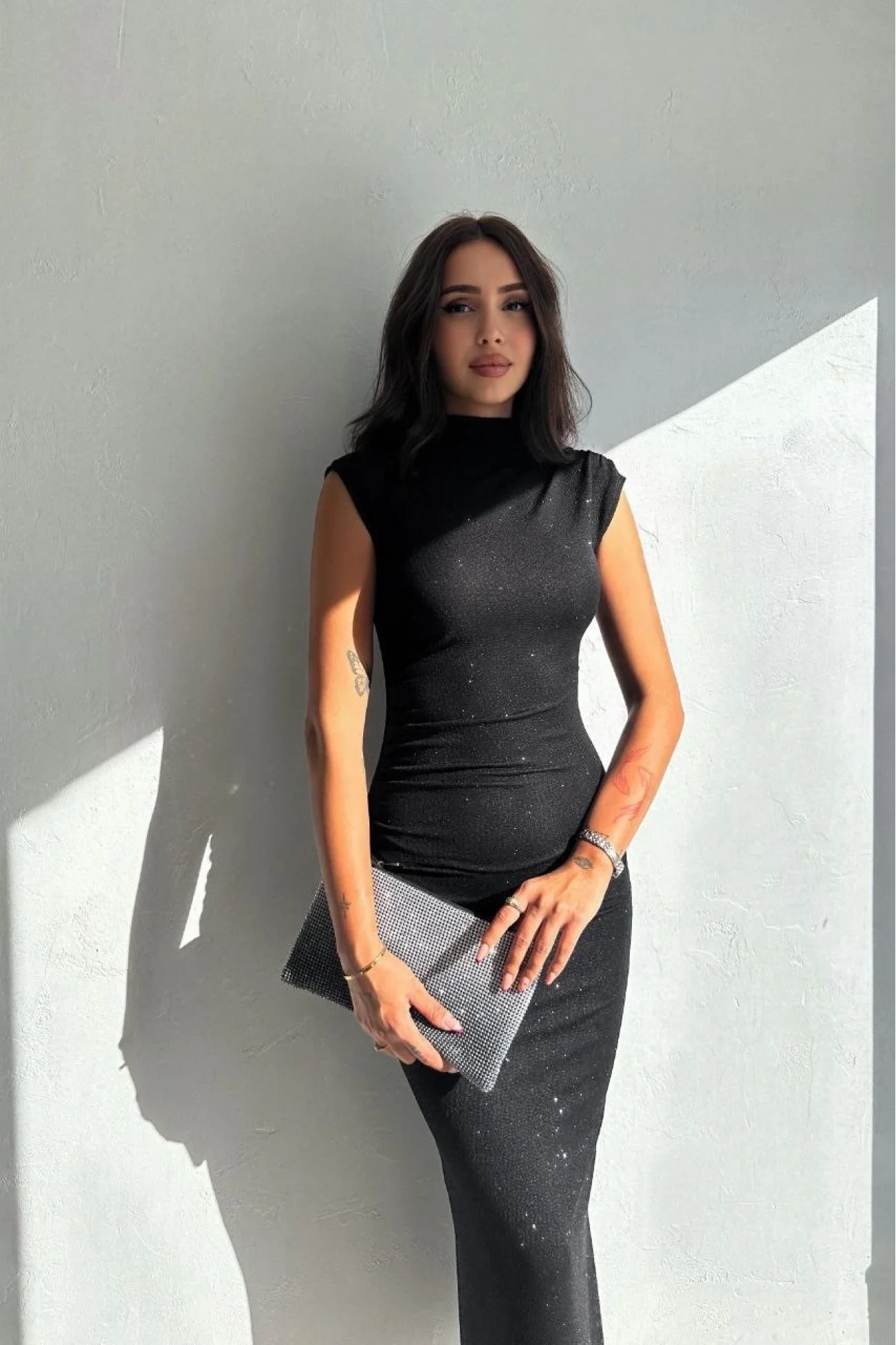 Kadın Siyah Simli Yırtmaçlı Fermuarlı Elbise 3648