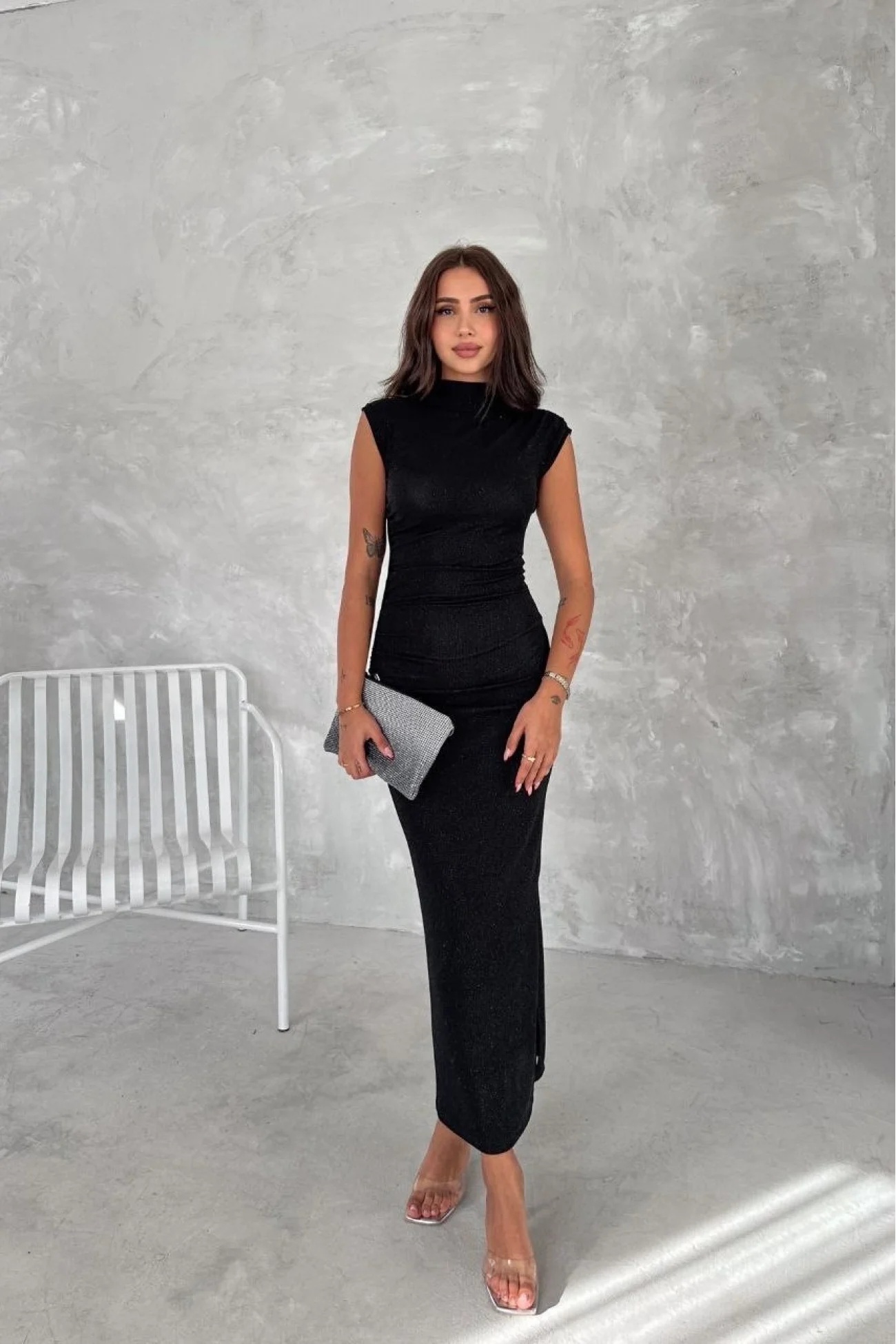 Kadın Siyah Simli Yırtmaçlı Fermuarlı Elbise 3648