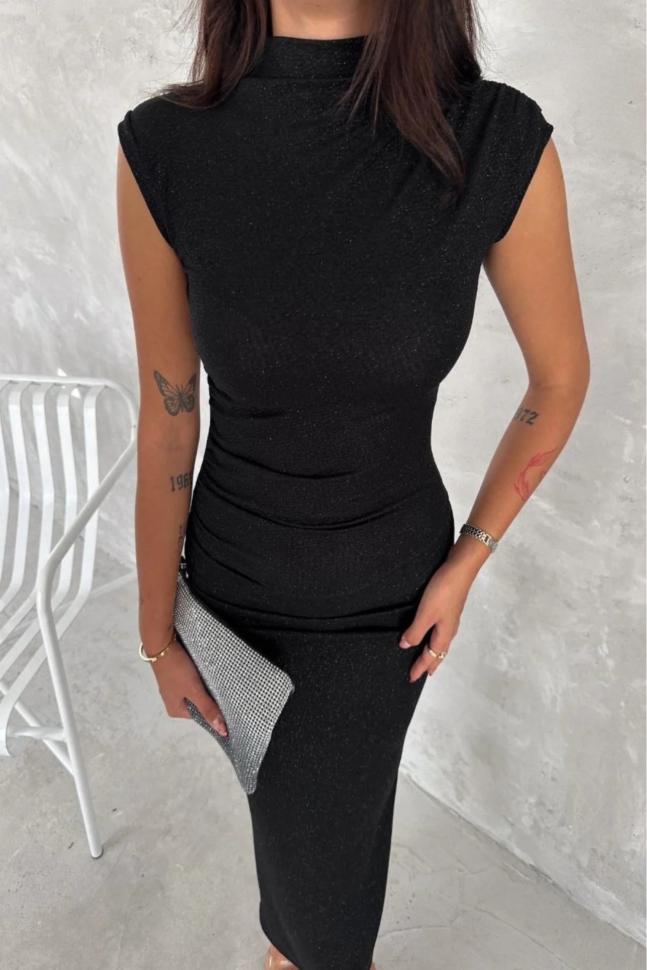 Kadın Siyah Simli Yırtmaçlı Fermuarlı Elbise 3648