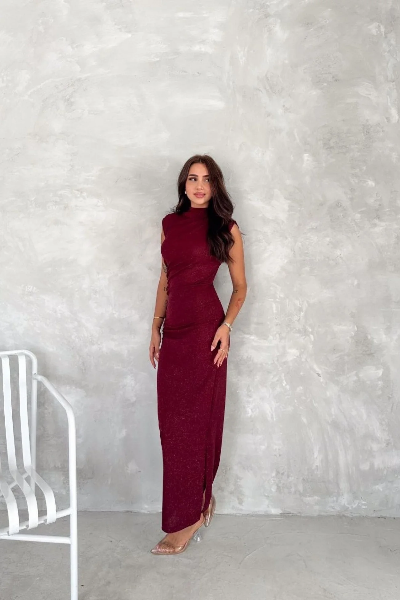 Kadın Bordo Simli Yırtmaçlı Fermuarlı Elbise 3648