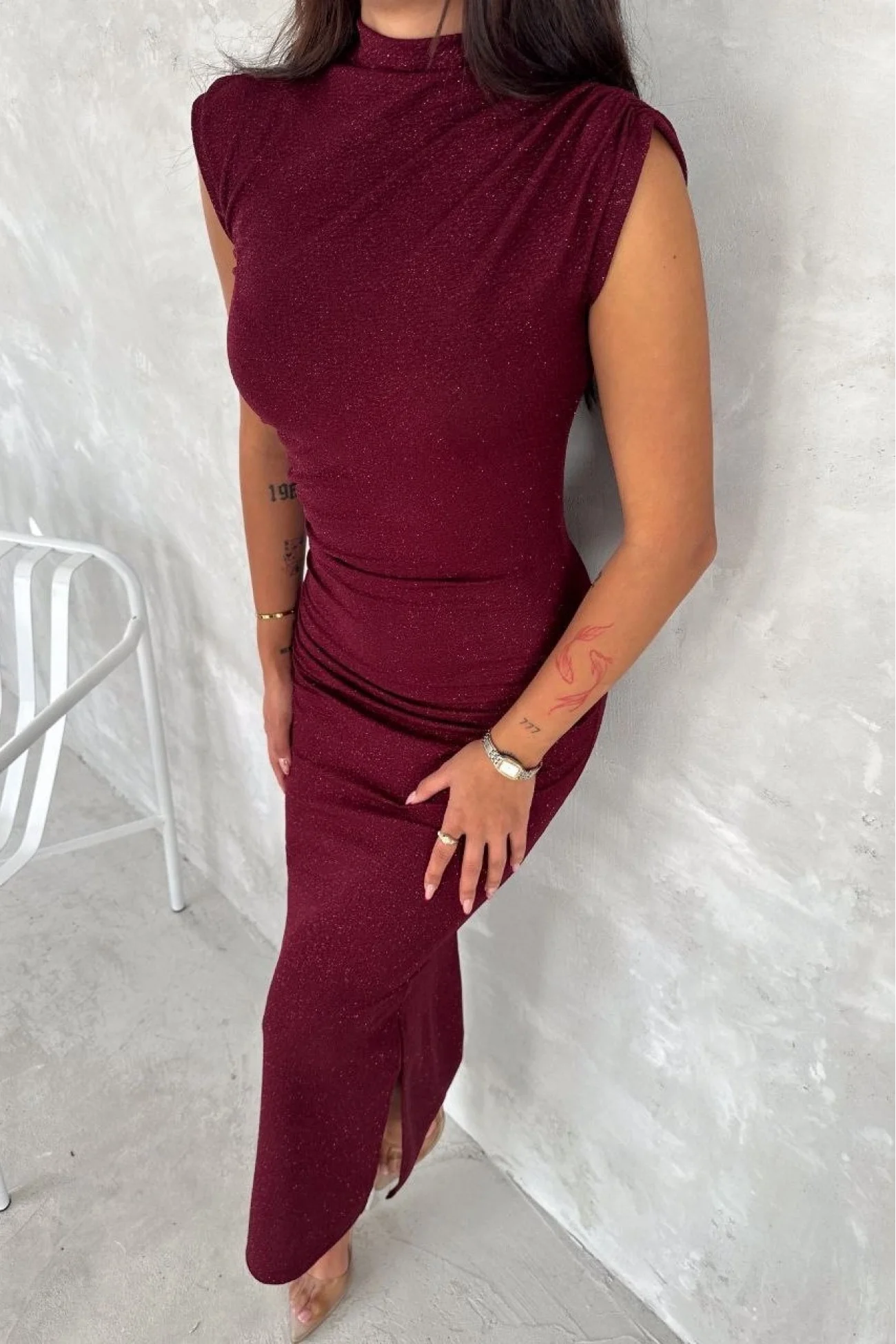 Kadın Bordo Simli Yırtmaçlı Fermuarlı Elbise 3648