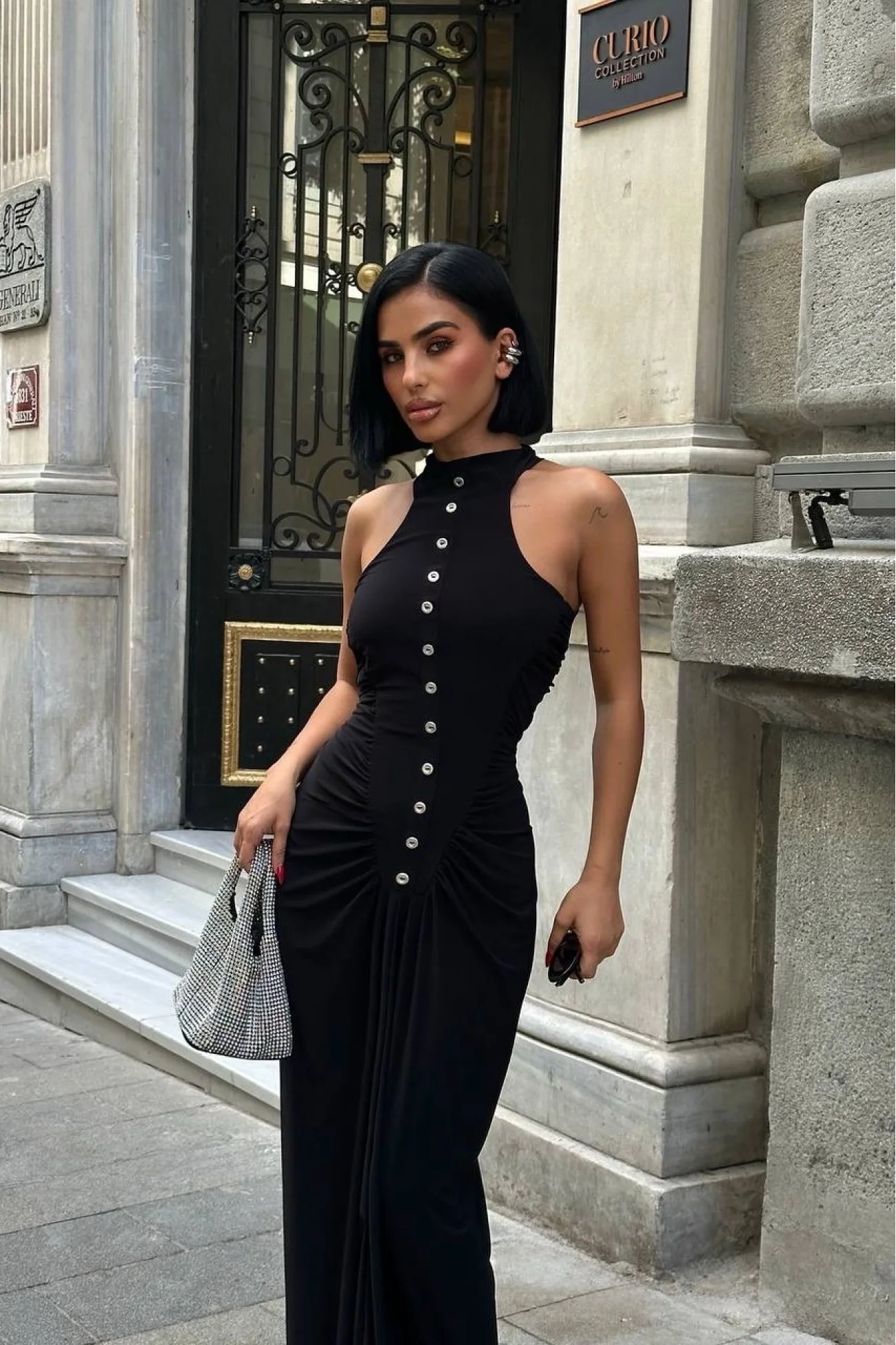 Kadın Siyah Büzgü Detay Düğmeli Elbise 1026-1754