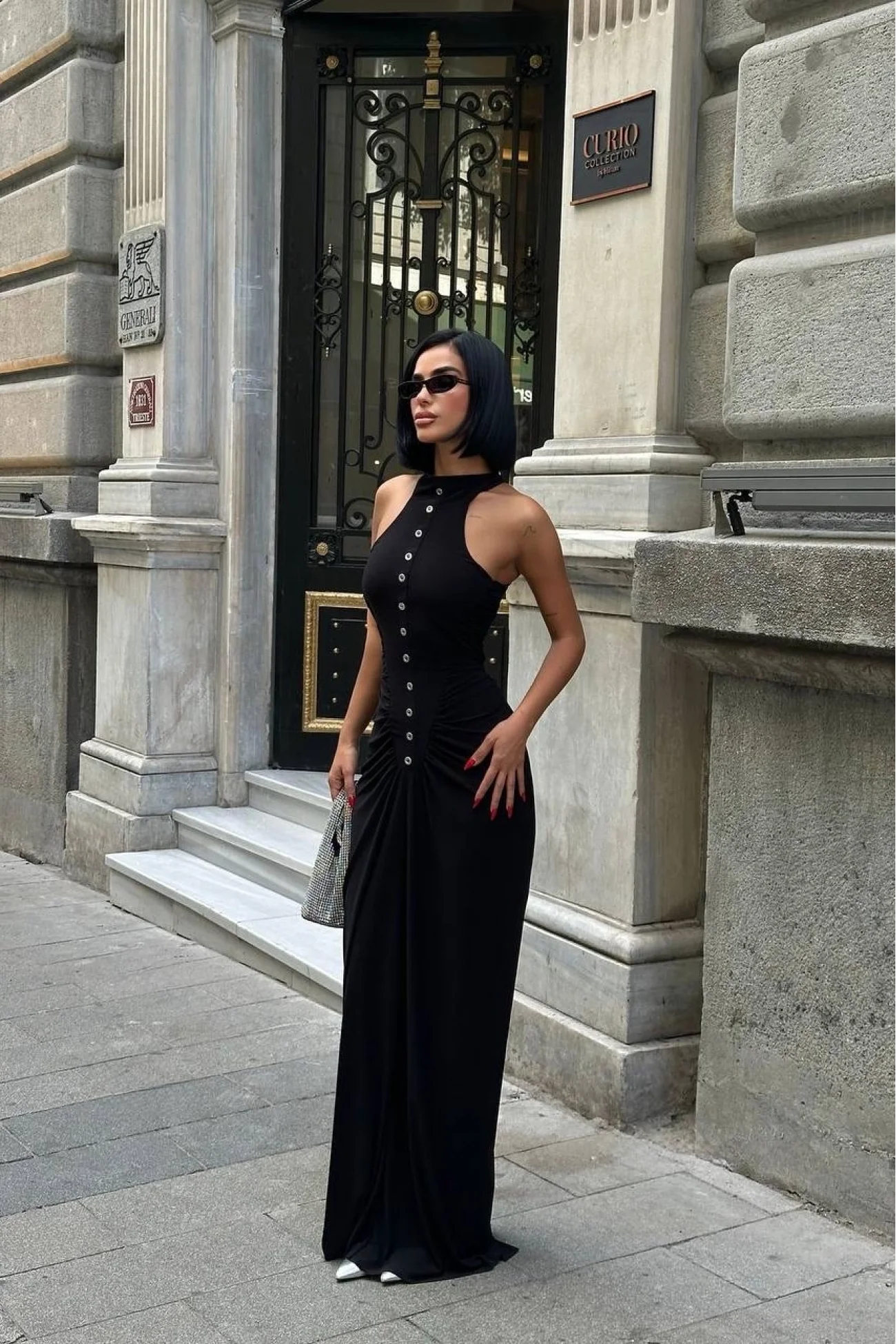 Kadın Siyah Büzgü Detay Düğmeli Elbise 1026-1754