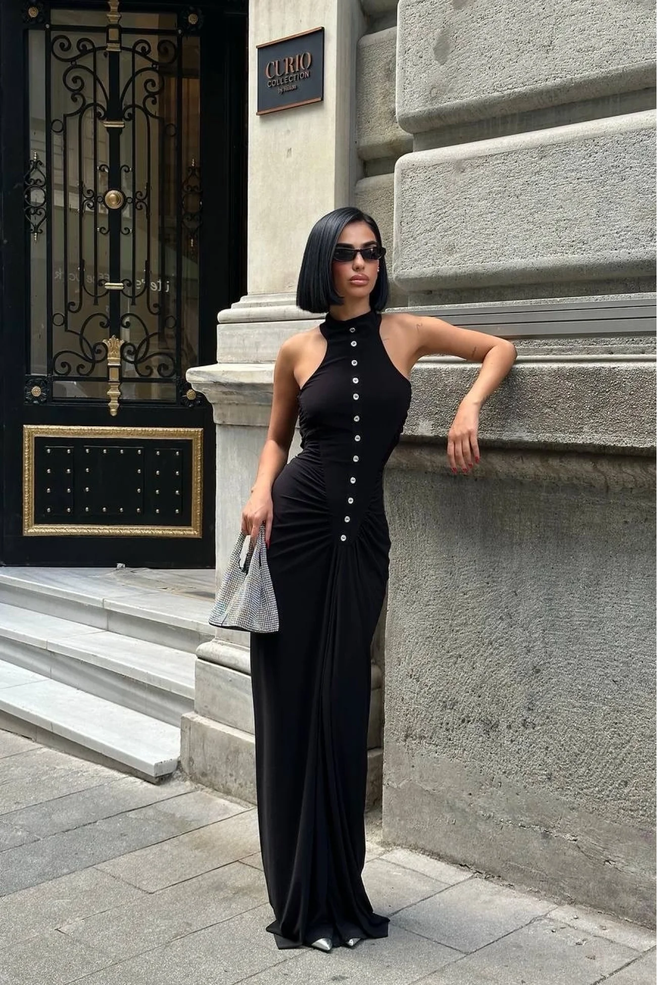 Kadın Siyah Büzgü Detay Düğmeli Elbise 1026-1754