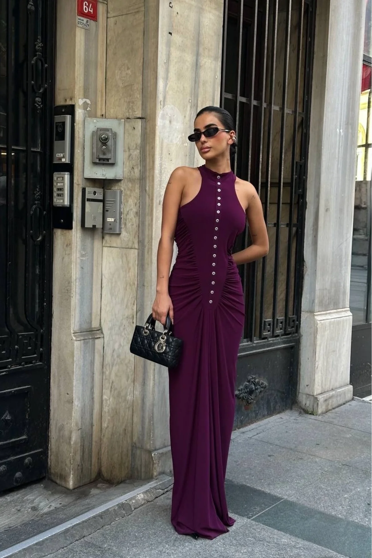 Kadın Mürdüm Büzgü Detay Düğmeli Elbise 1026-1754