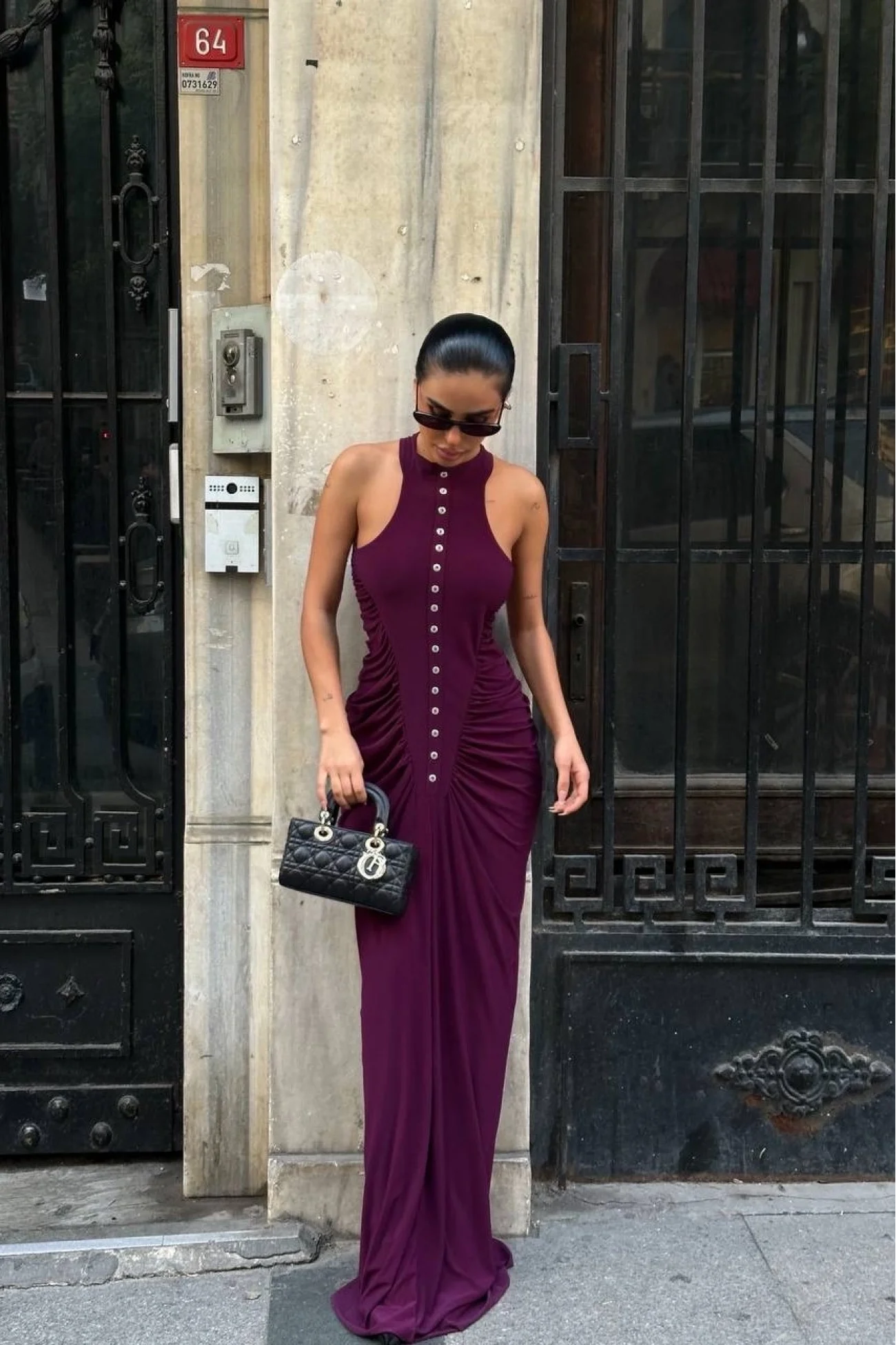 Kadın Mürdüm Büzgü Detay Düğmeli Elbise 1026-1754