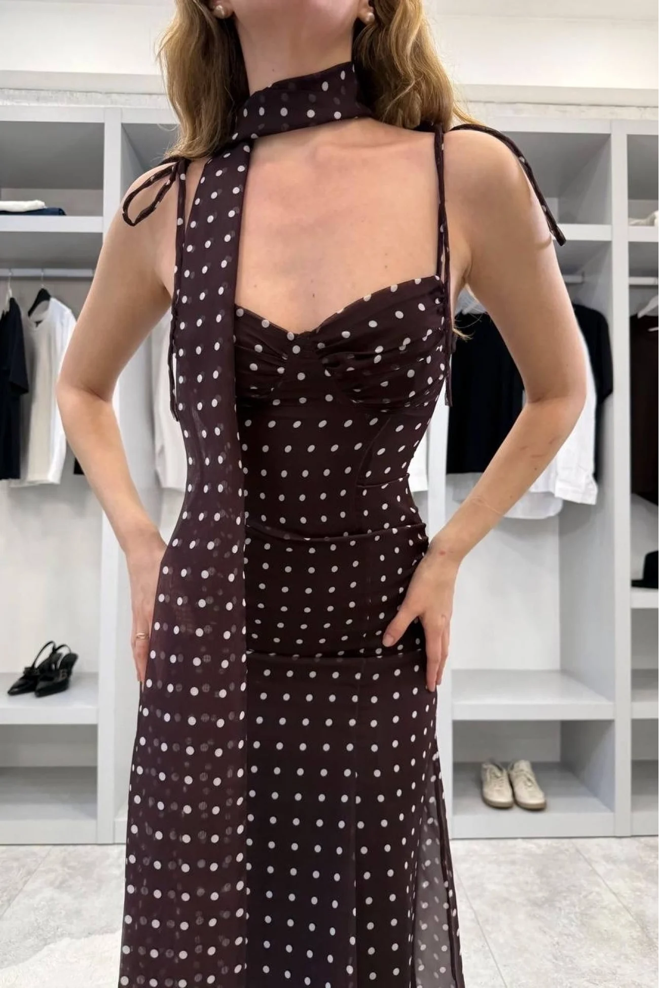 Kadın Kahve Şal Detaylı Puantiyeli Elbise 1041-2777