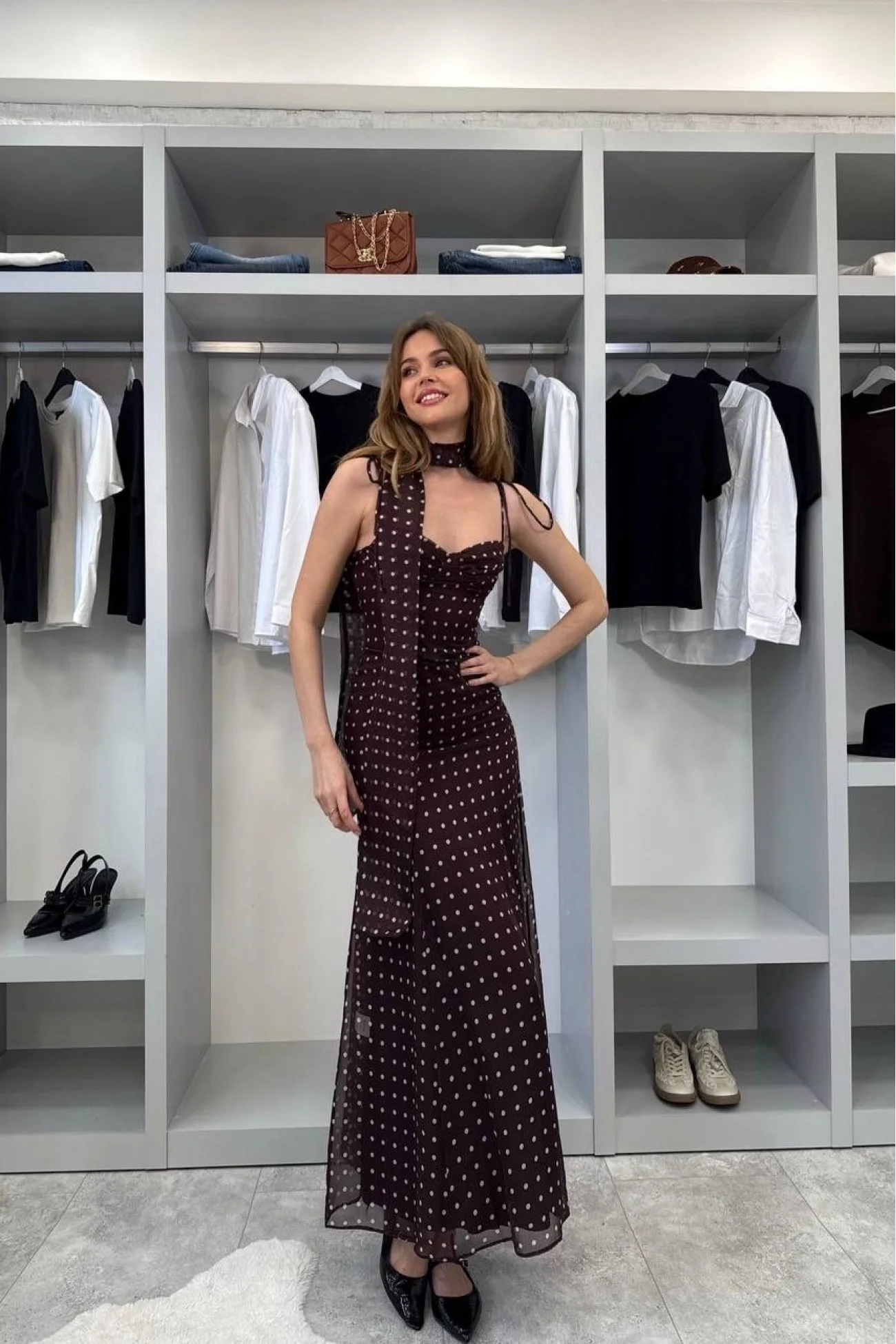 Kadın Kahve Şal Detaylı Puantiyeli Elbise 1041-2777