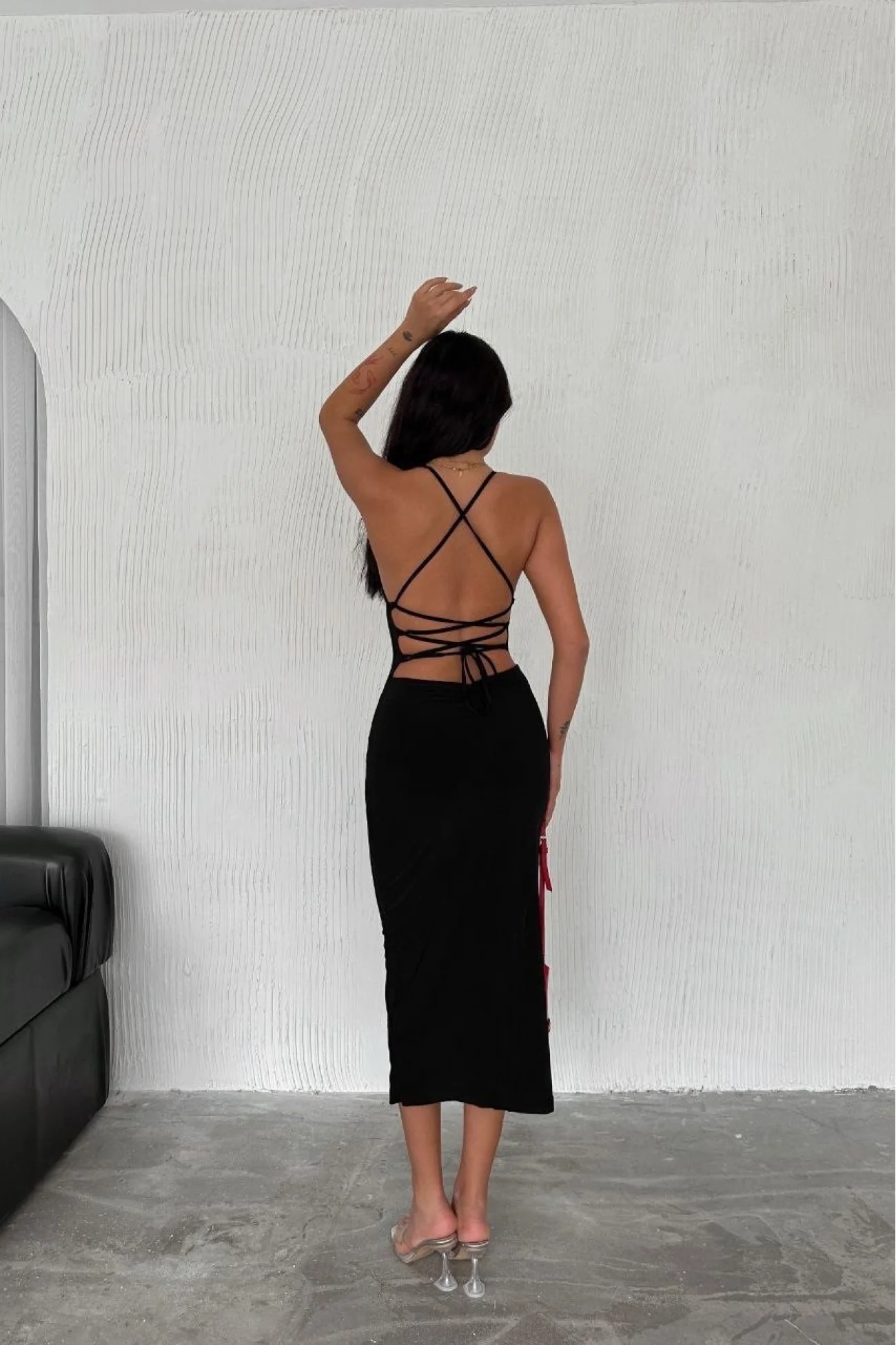 Kadın Siyah Uzun Sırt Dekolte Elbise 3708