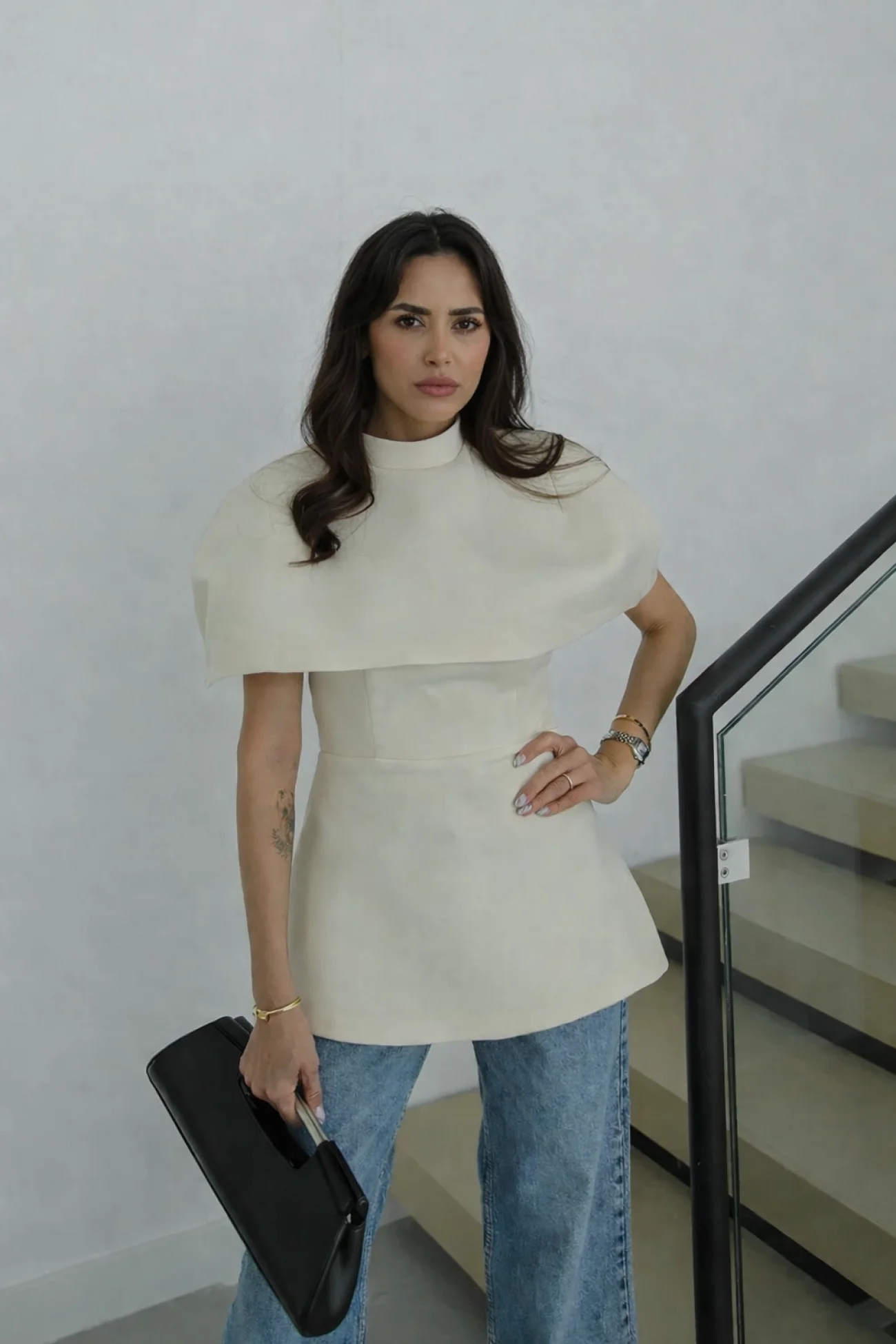 Kadın Krem Pelerin Detay İki Parça Bluz 0331