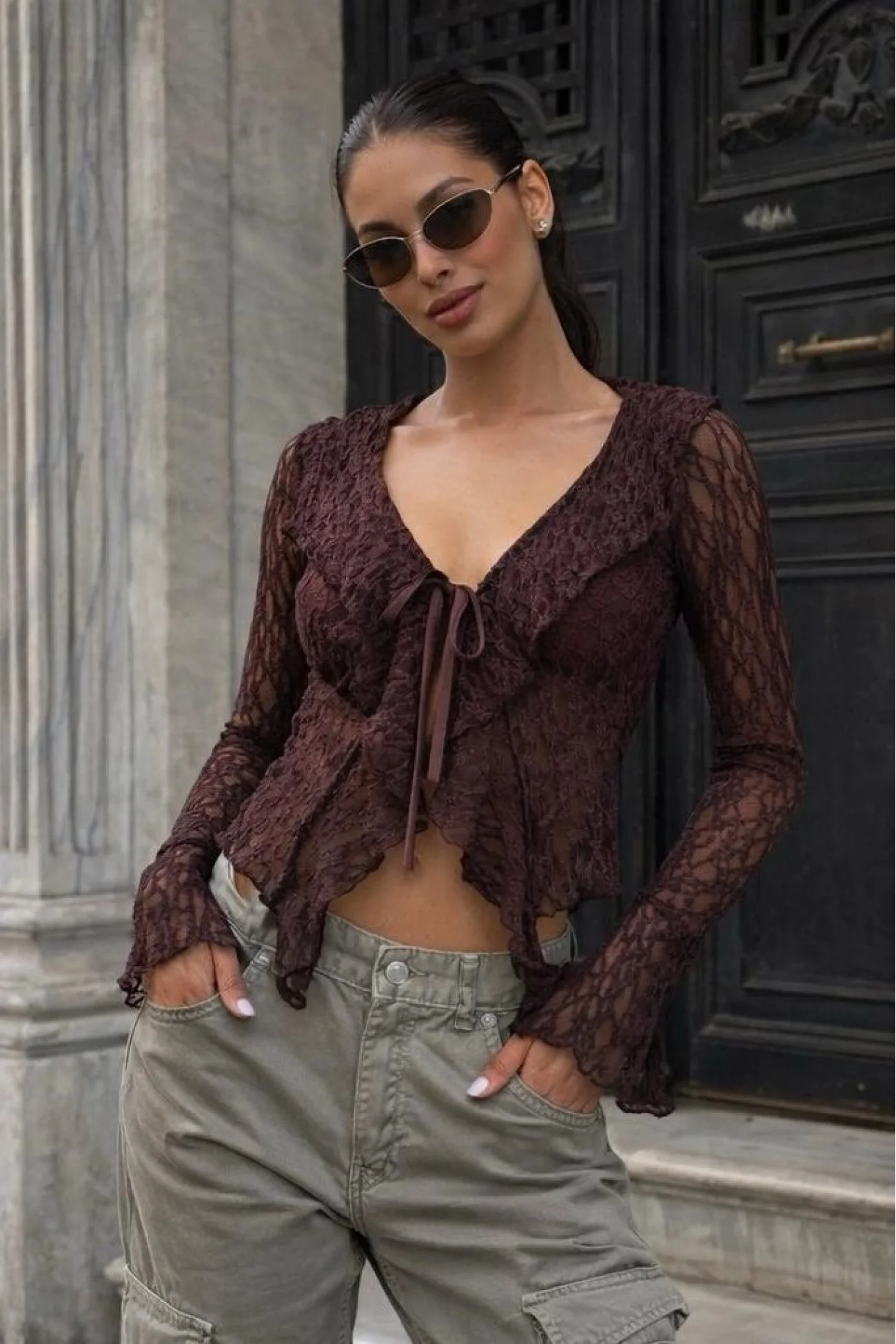 Kadın Kahve Dantel Bağlamalı Bluz 0600-0373