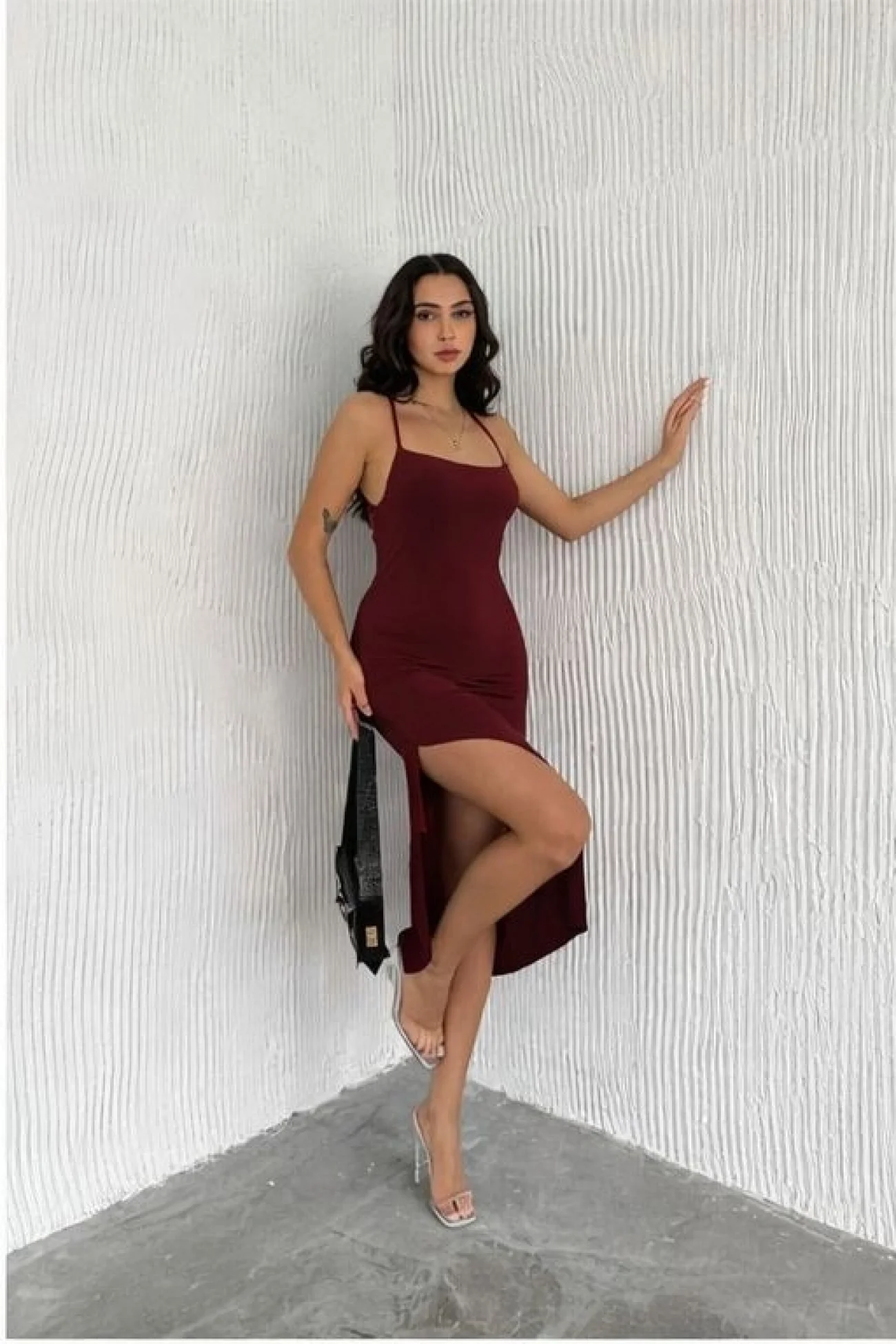 Kadın Bordo Uzun Sırt Dekolte Elbise 3708