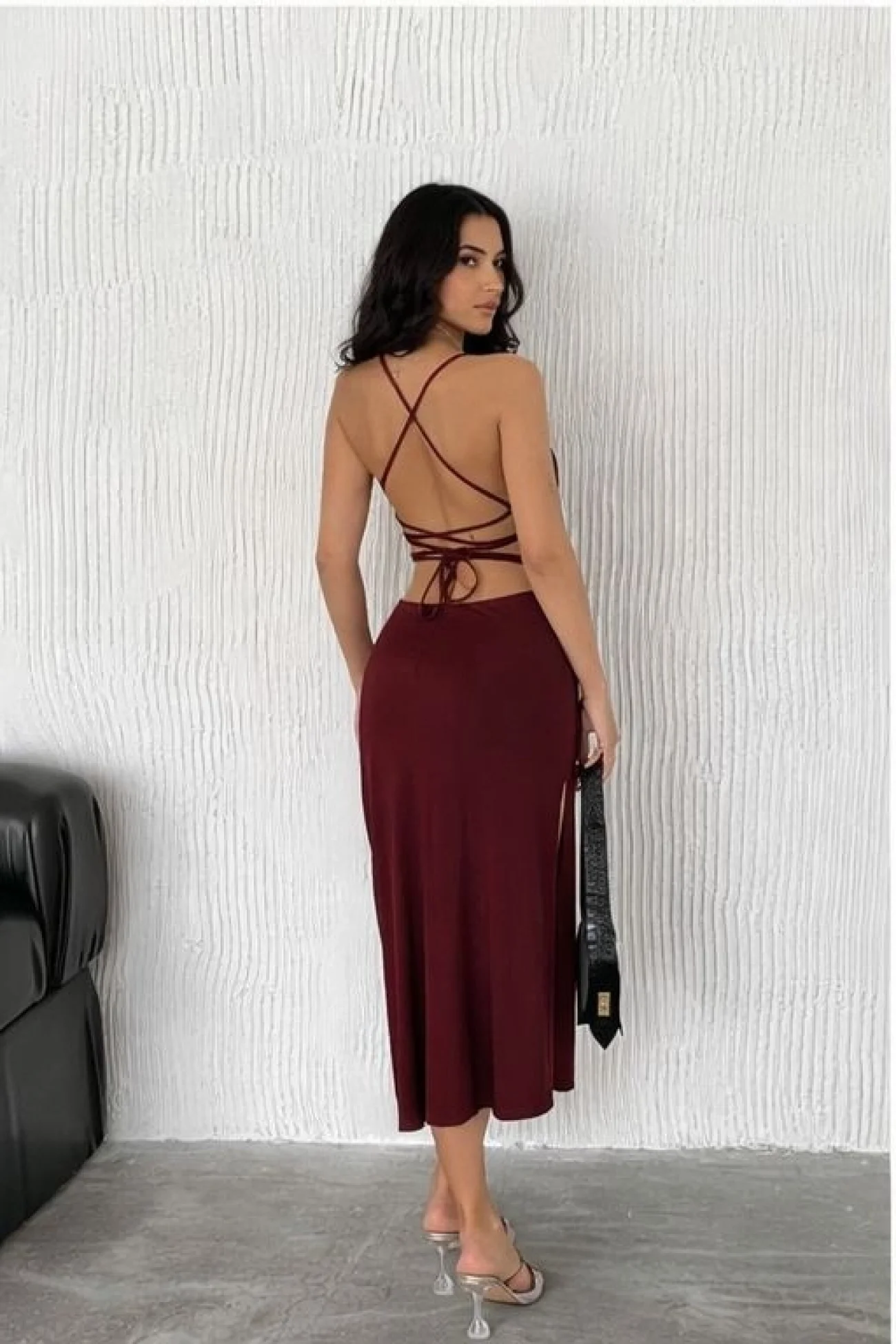 Kadın Bordo Uzun Sırt Dekolte Elbise 3708