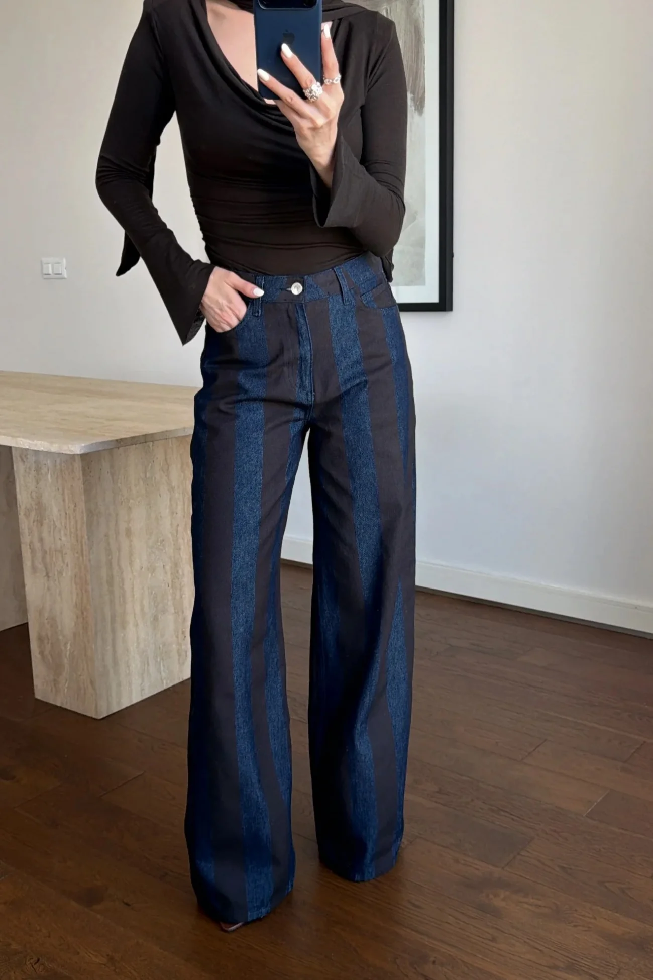 Kadın Mavi Çizgili Kot Pantolon 26436