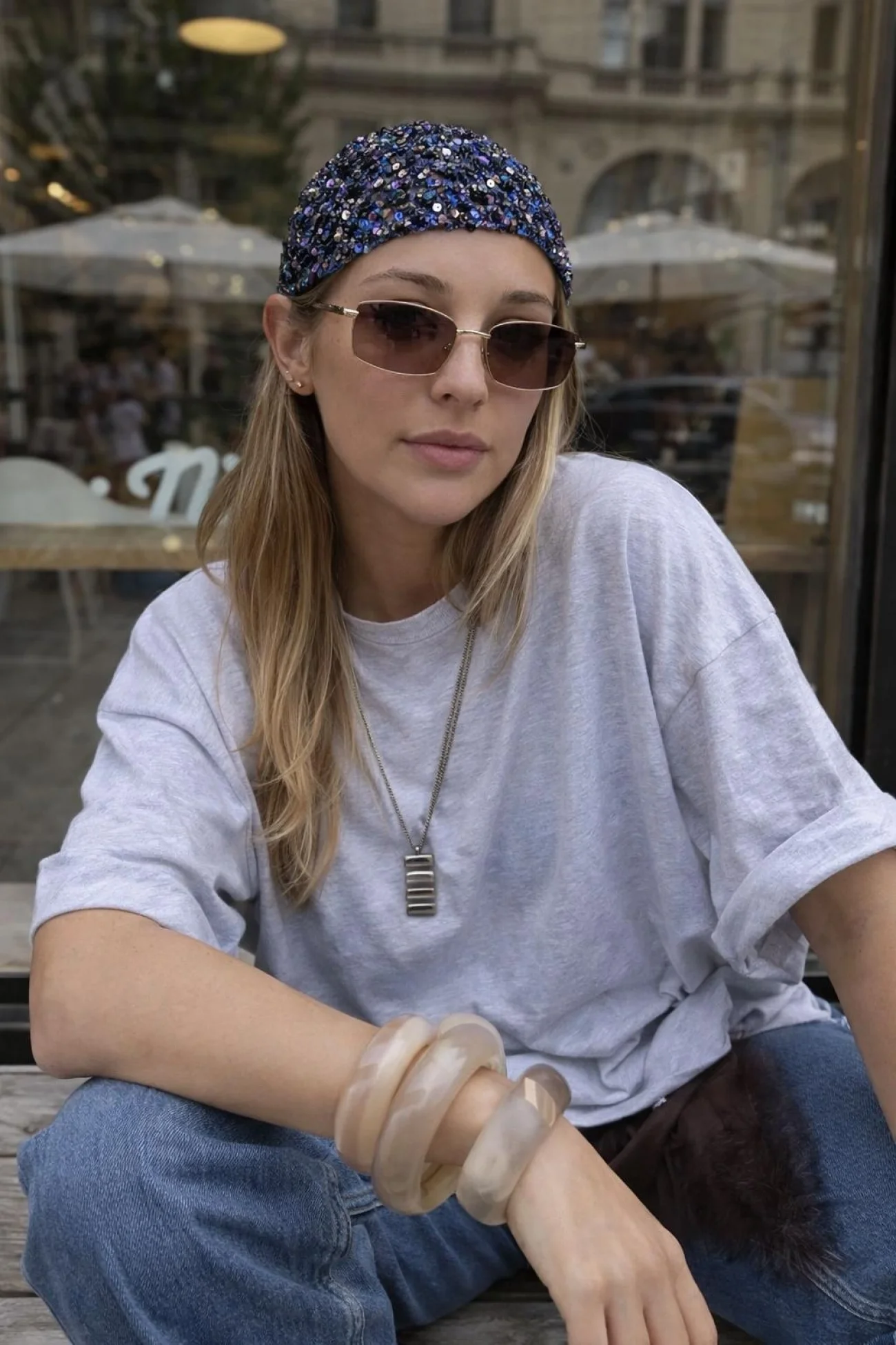 Kadın Mavi El Yapımı Pul Örgü Bandana Bere 852026