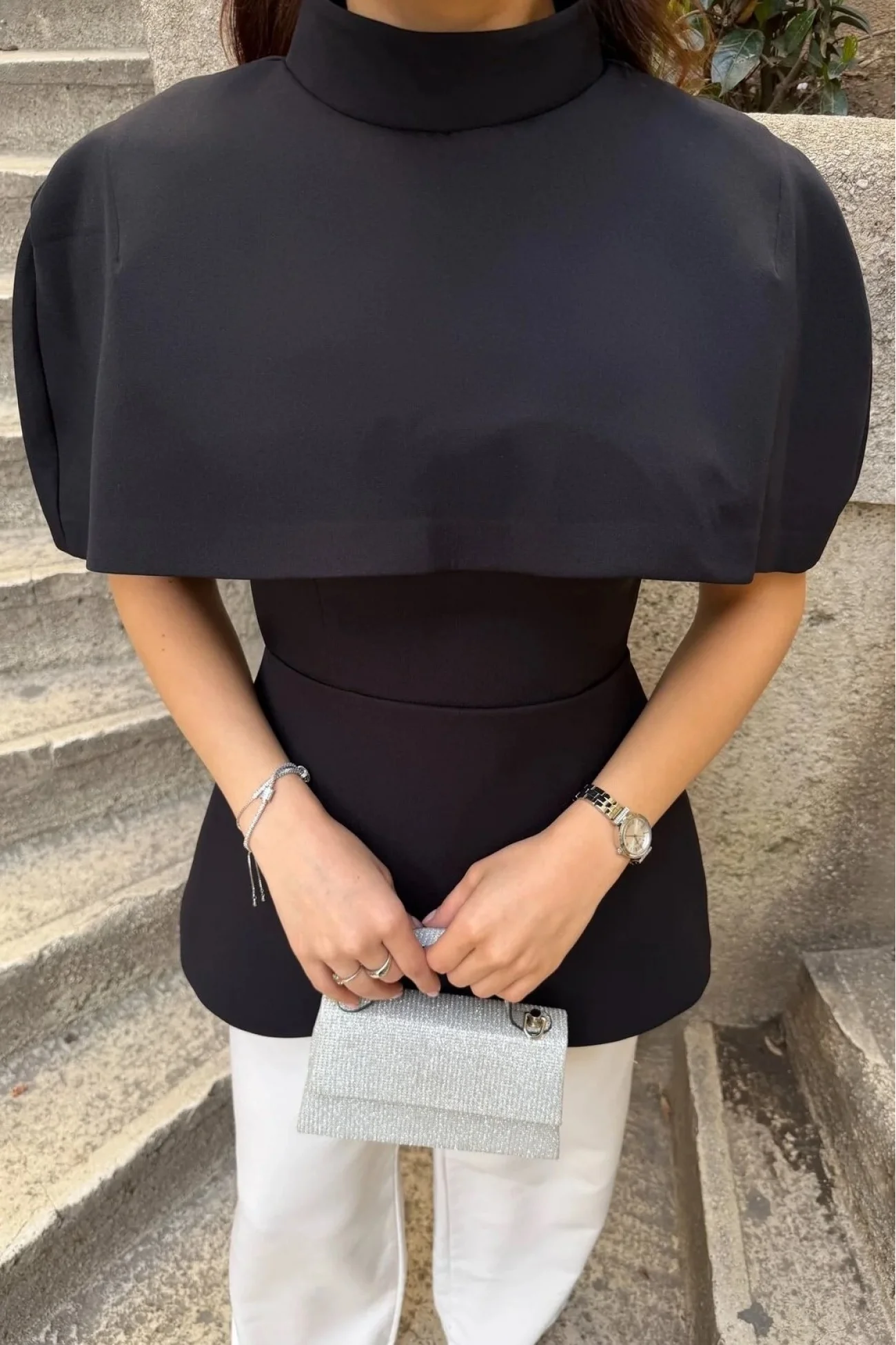 Kadın Siyah Pelerin Detay İki Parça Bluz 0331