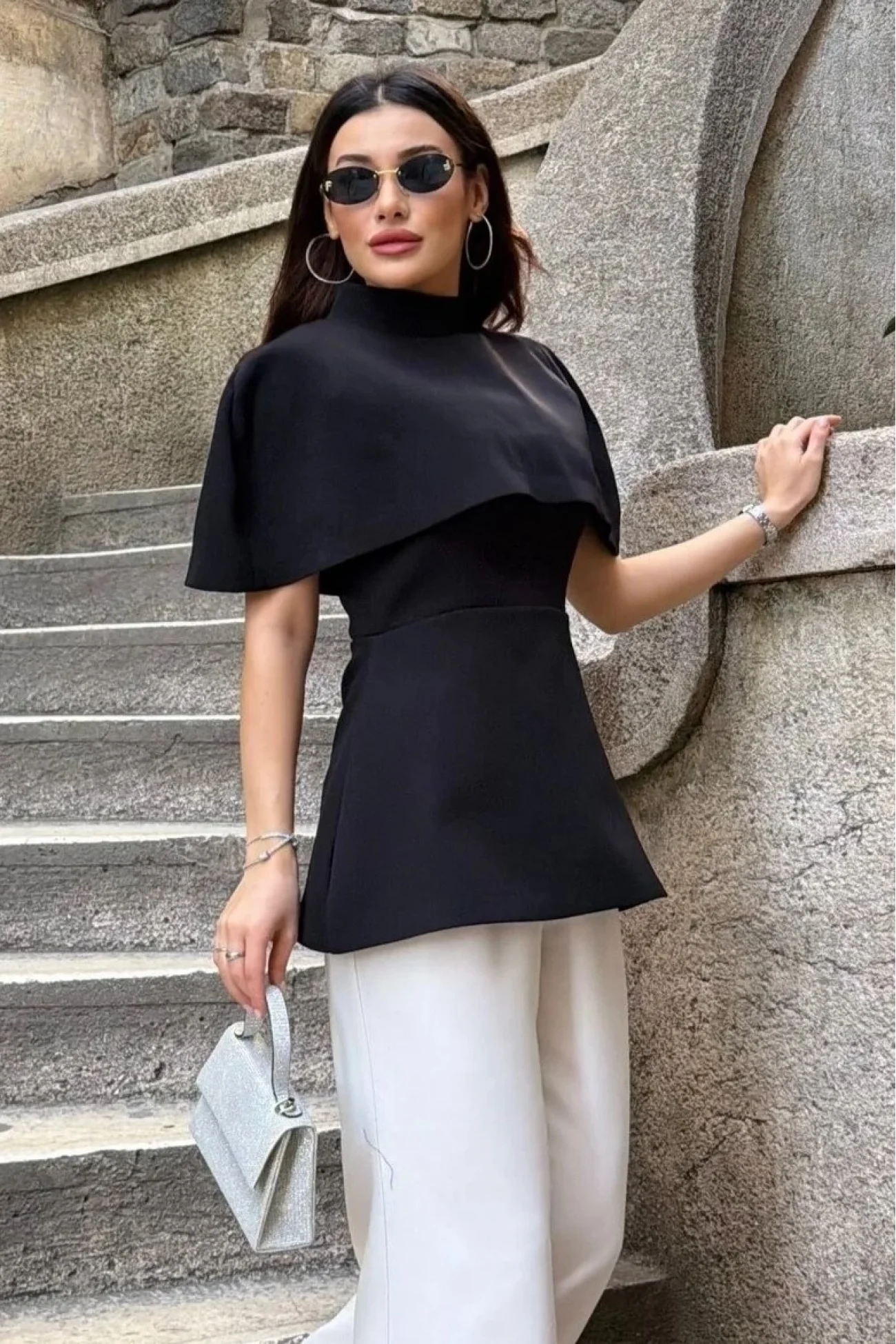 Kadın Siyah Pelerin Detay İki Parça Bluz 0331