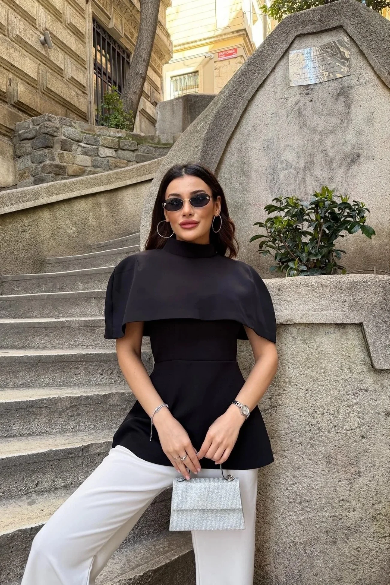 Kadın Siyah Pelerin Detay İki Parça Bluz 0331